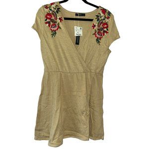 ZARA Knit Tan Surplice Fit Flare Embroidered Flower Dress Faux Wrap Front Small